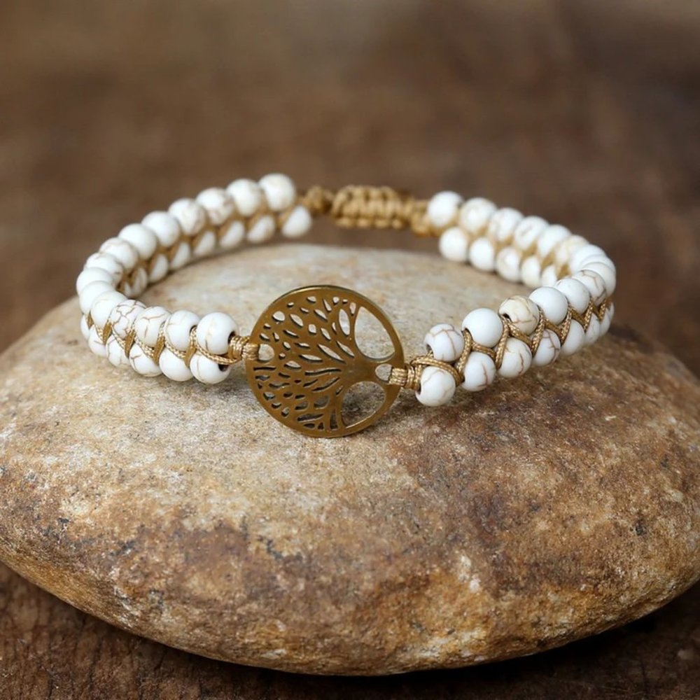 Natural African Stone Bead Bracelet & Bangle with Tree of Life Braided Charm